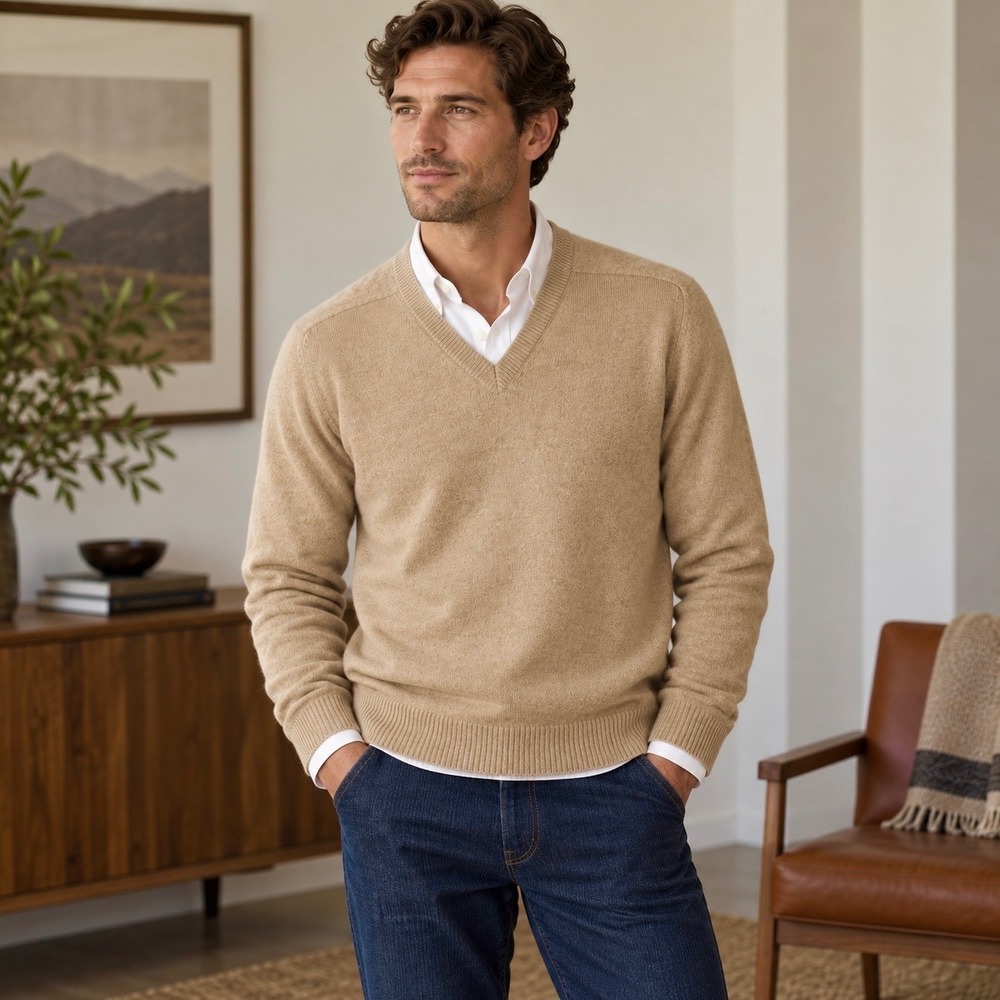 Vintage Lands End Mens M 100% Cashmere Sweater V-Neck 90s Beige Made in Scotland